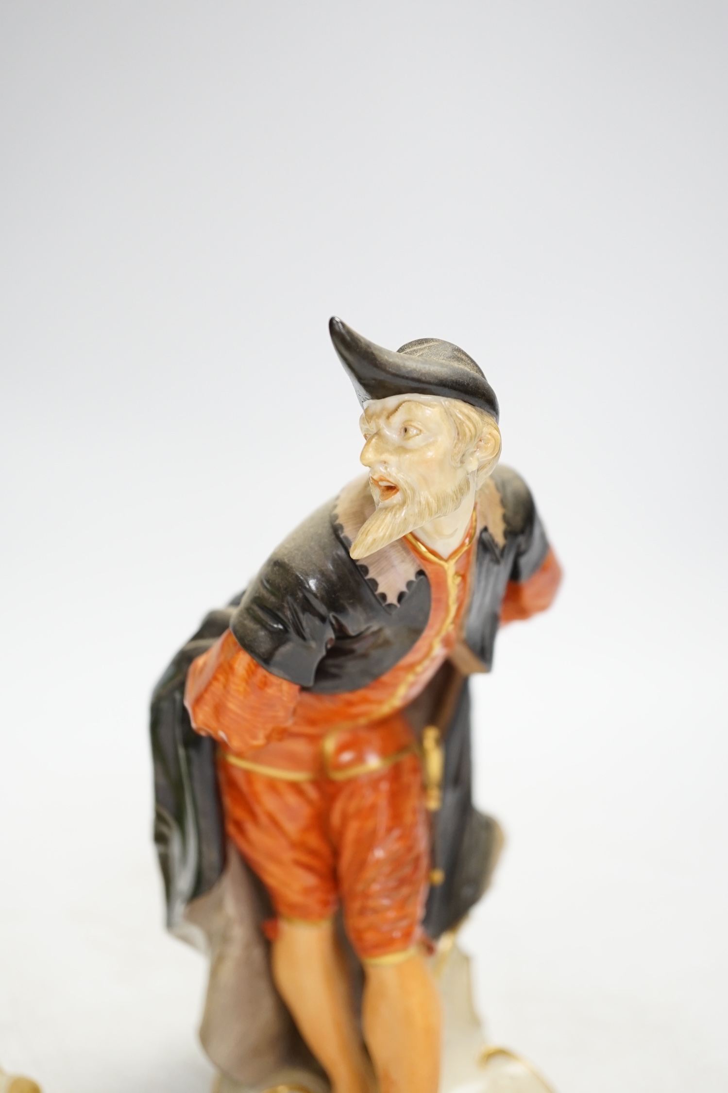 Two Nymphenburg Commedia dell Arte figures, modelled by Bustelli, tallest 21cm high. Condition - loss to bow on her head, very grubby otherwise good condition